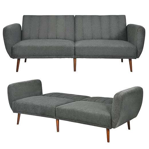 TOMANOR Futon Sofa Bed, Grey Futon Couch Convertible Sleeper Sofa with Adjustable Armrests Upholstery Fabric Futon Bed for Living Room,Small Space,Offices,Dorm,Studio