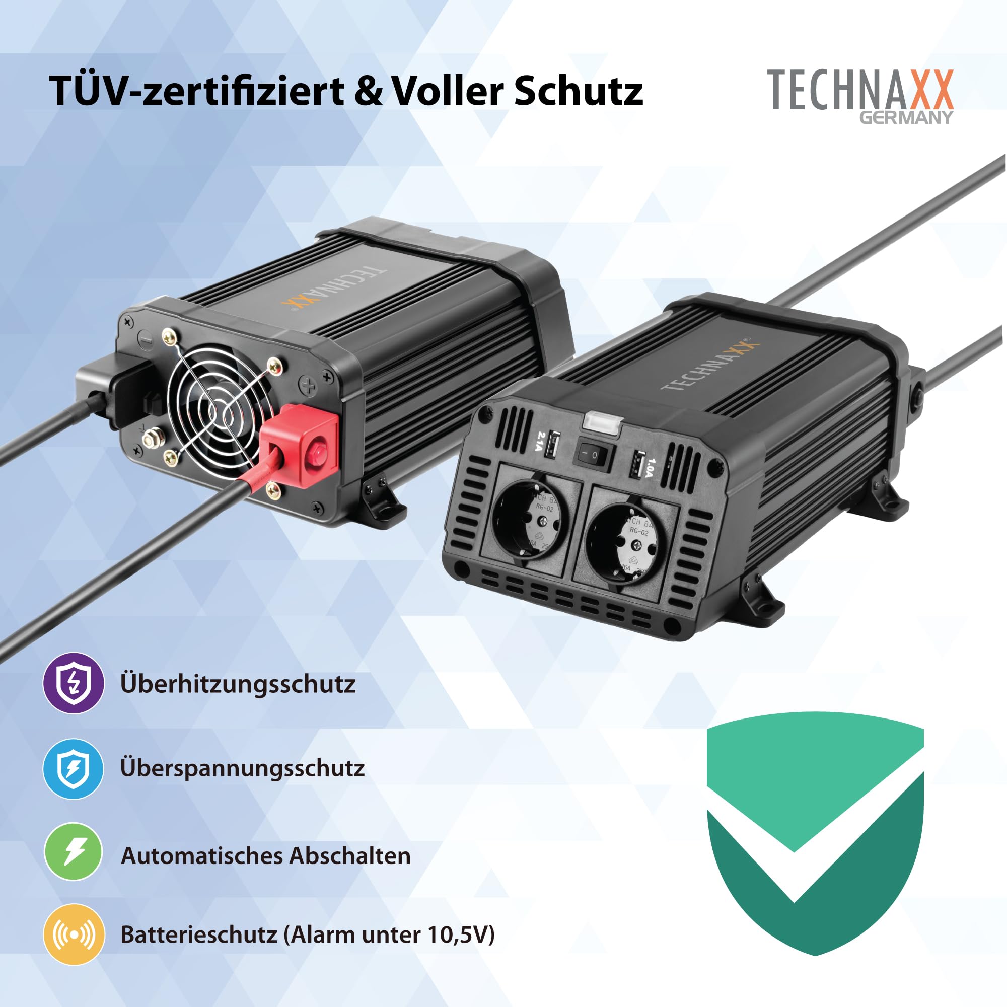Technaxx KFZ Wechselrichter 12V auf 230V 1200W (2400W Spitze) – TÜV zertifizierter Spannungswandler mit 2x Schuko-Steckdose & 2x USB 5V/3,1A – Inverter für Auto, Wohnmobil, Camping, Boot, LKW – TE16