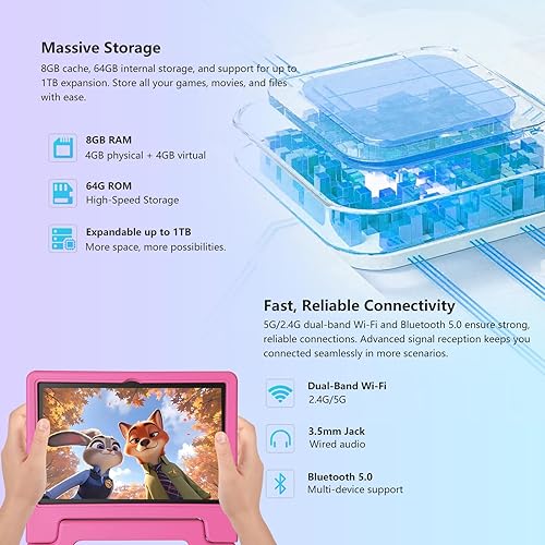 Miniatura 6 de NRKDUBQ 2025 Última Tablet de 10.1 Pulgadas para Niños Android 15 con Estuche Protector EVA Tablets para Niños con 8GB RAM 64GB Almacenamiento
