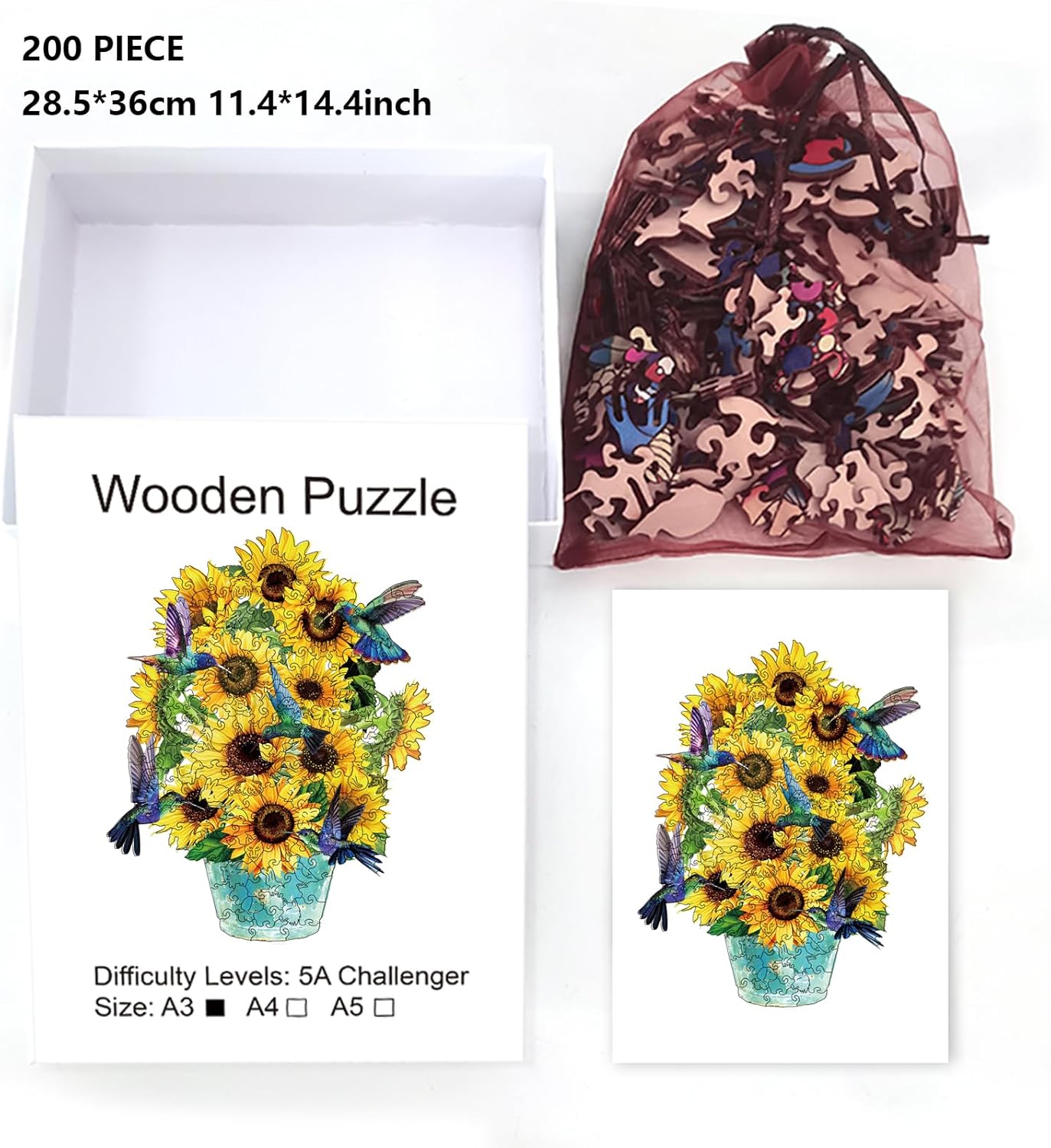GLOBLELAND 200Pcs Sunflower Wooden Jigsaw Puzzles for Adults 14.2x11.2inch Hummingbird Wooden Puzzles Colorful Unique Animal Shaped Wood Puzzle for Holidays Birthday Gift