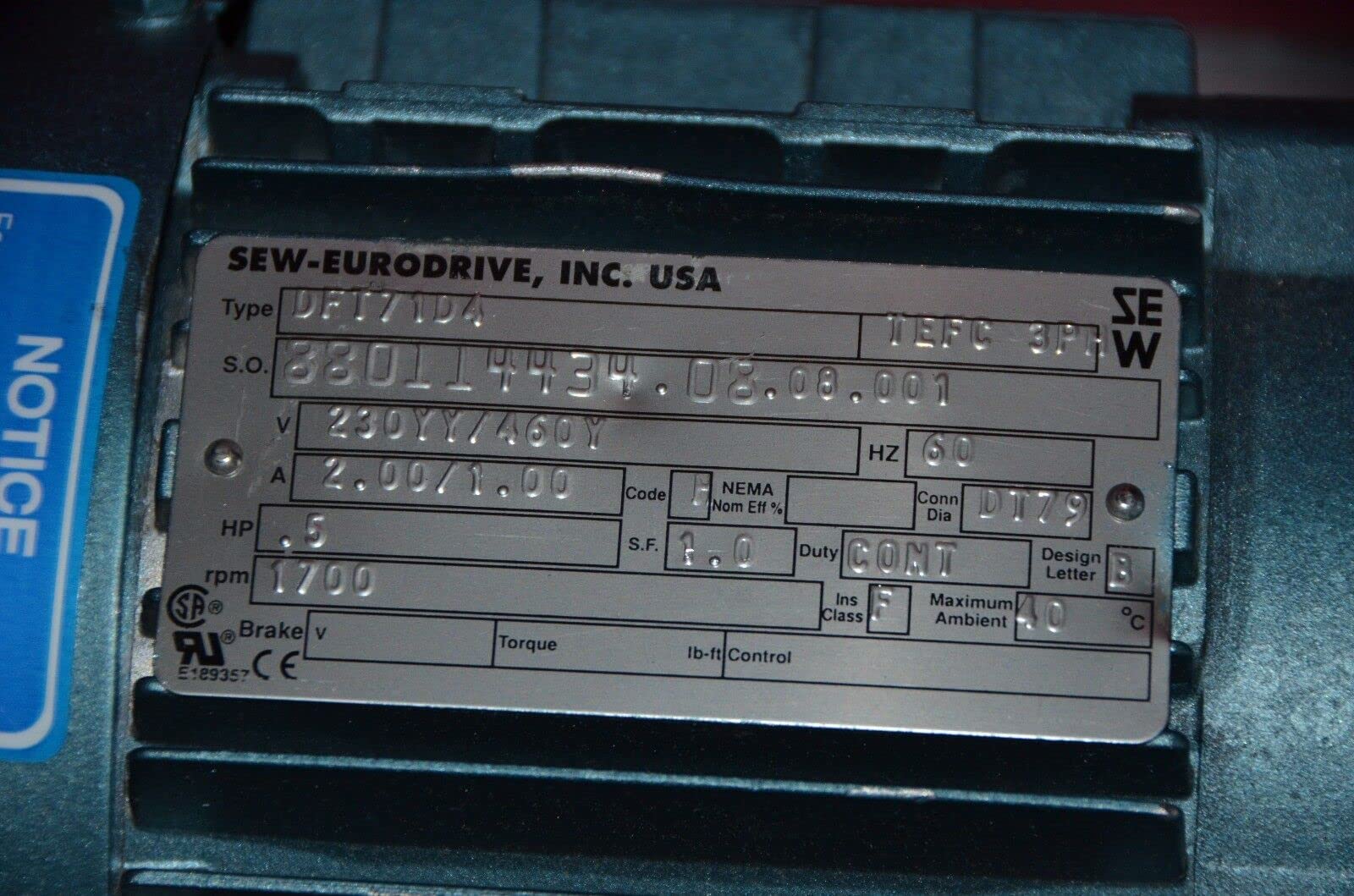 Sew Eurodrive R17DT71D4 Gear Motor 10.15 Ratio 0.5 HP 167 RPM Output 230YY/460Y