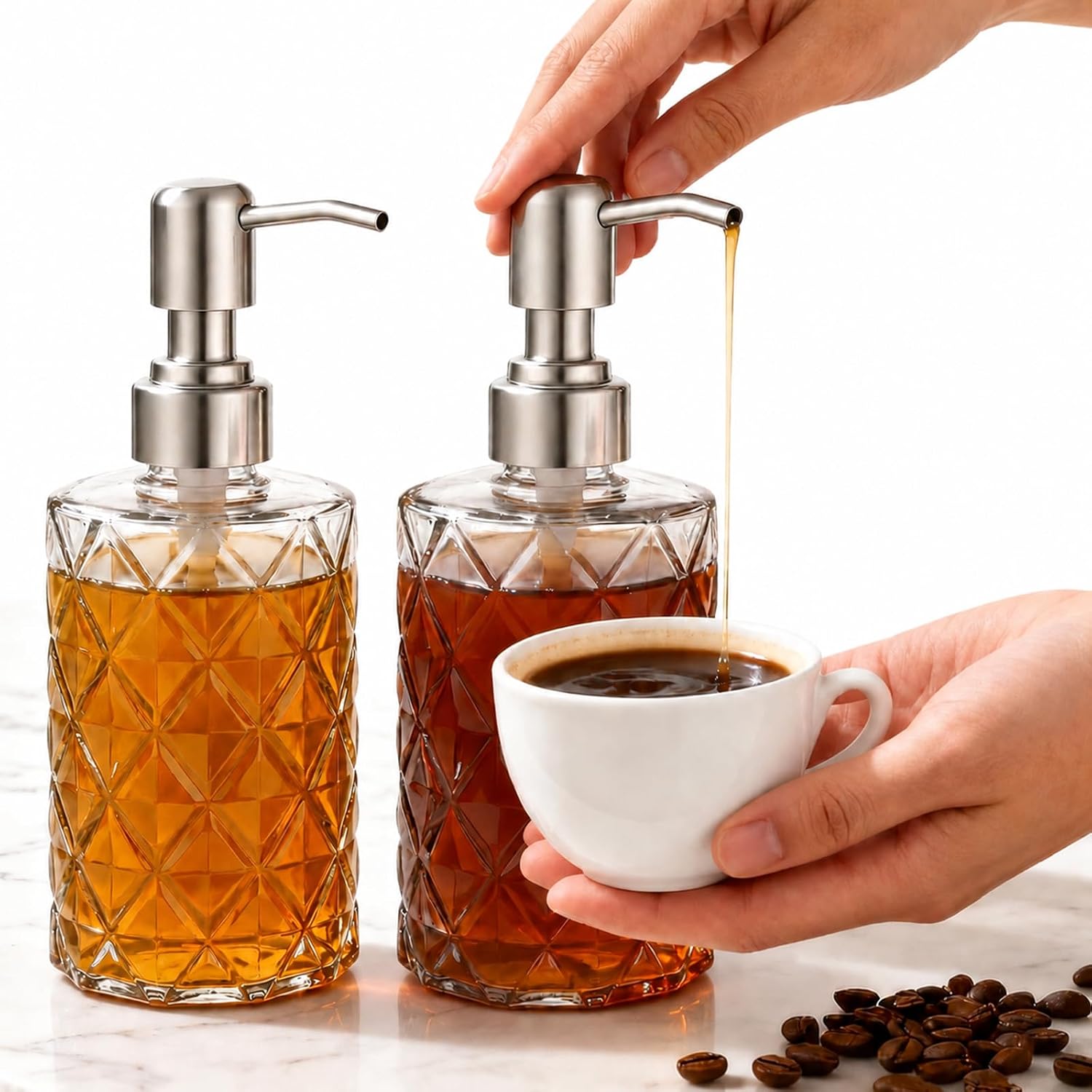 Coffee Syrup Dispenser with Pump, 2 Pack 12oz Glass Syrup Bottles with Silver Stainless Steel Pumps, Refillable Syrup Dispensers for Coffee Bar, Honey, Maple Syrup and Drink Flavoring