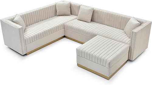 Miniatura 6 de FANYE Juego de 3 muebles contemporáneos de terciopelo de canal vertical copetudo, incluye 3 plazas, sofá 2, dos sofás esquineros de 3 plazas+otomana