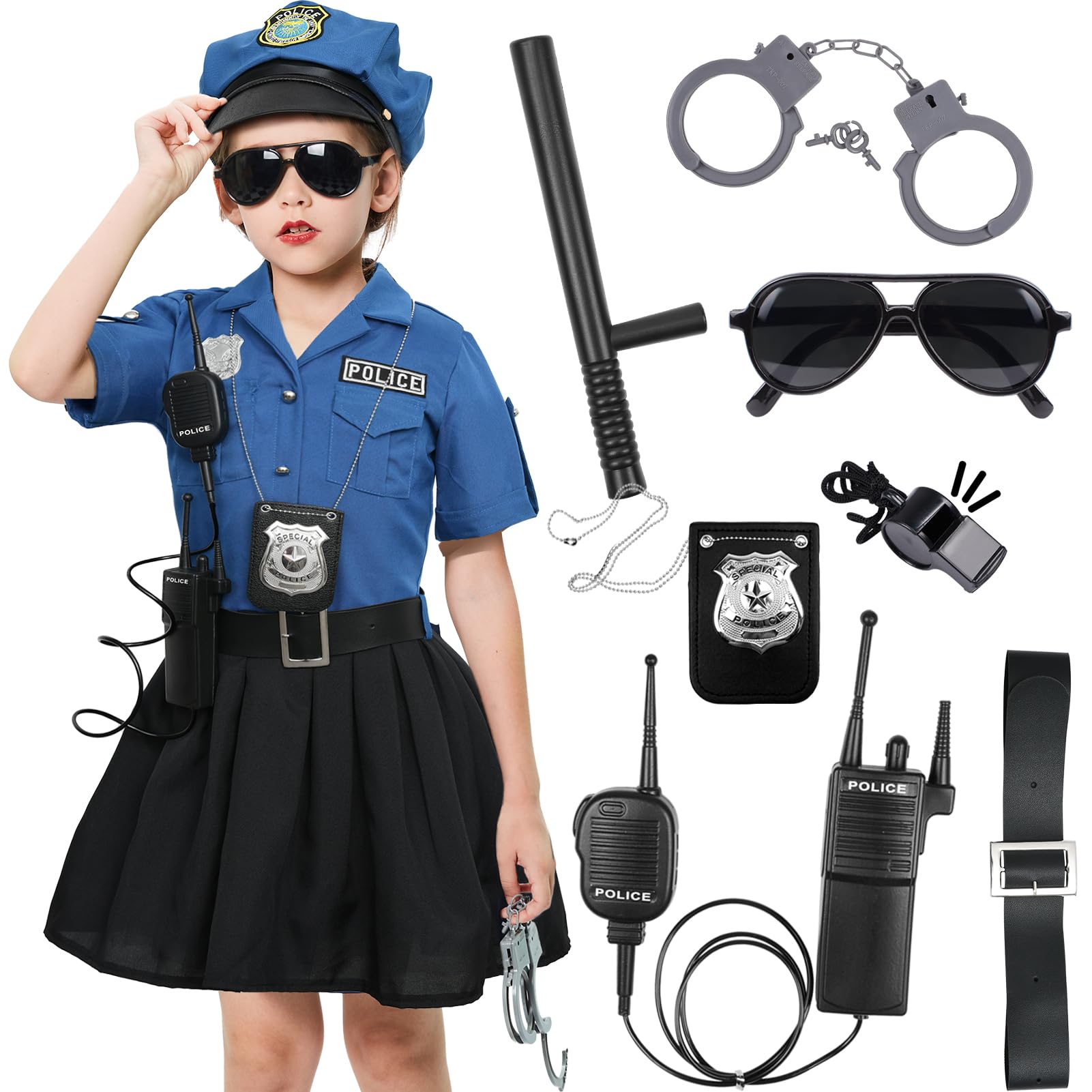 Tacobear Girls Police Officer Costume Cop Uniform Dress with Toy Accessories Birthday Cosplay Outfit Halloween Dress Up Set