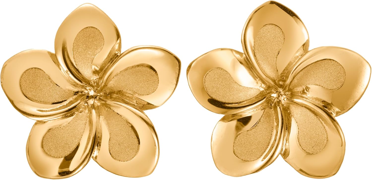 14K Solid Yellow Gold Hawaiian Plumeria Flower "Pua Melia" Stud Earrings, Nickel Free Hypoallergenic for Sensitive Skin, For Mom Women Daughter, Gift Box Included