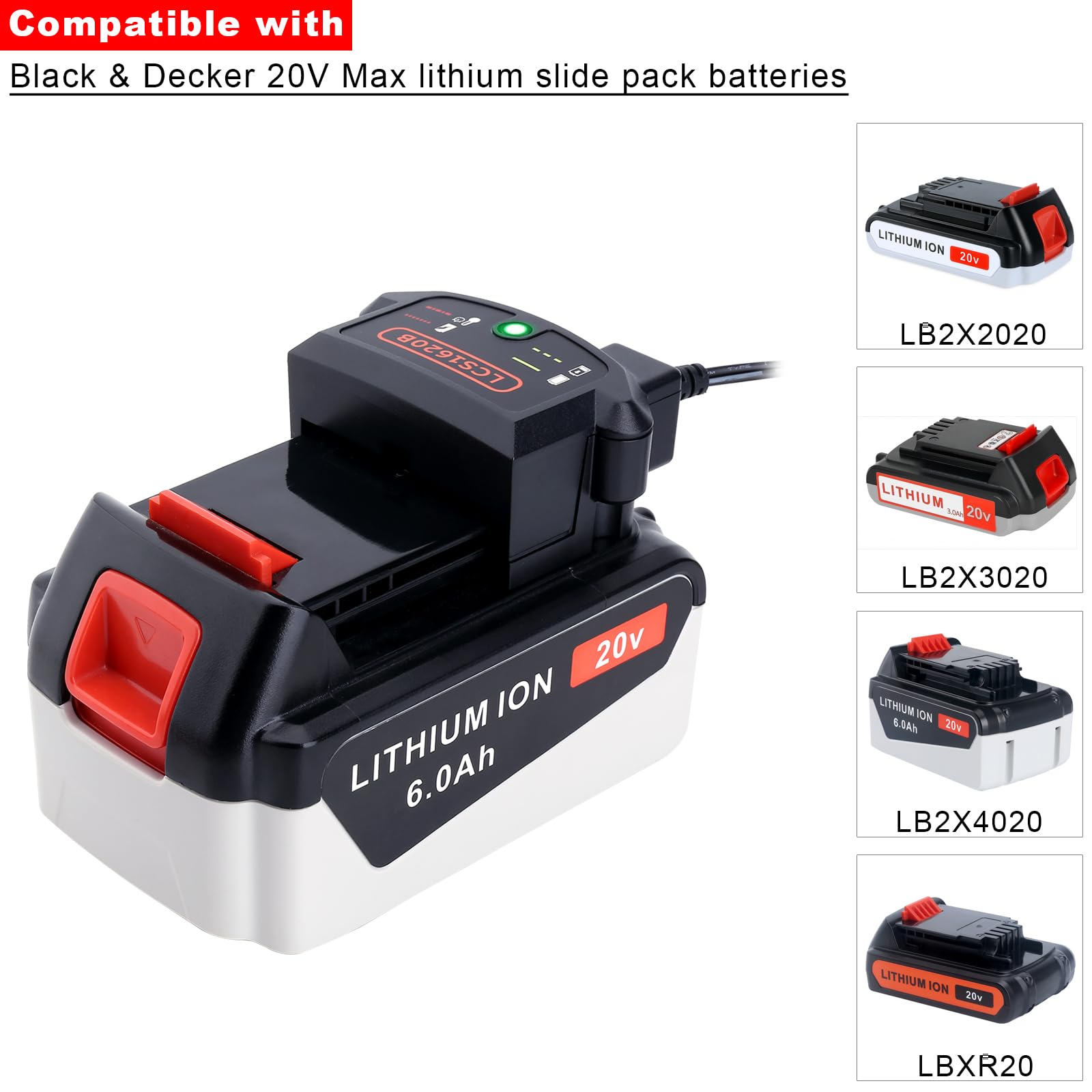 Kekepowtobat Compatible with Black & Decker 20V Battery Charger, LCS1620B Charger Compatible with Black and Decker 12V/20V MAX Lithium Battery LBXR20 LBXR2020 LBX4020 LBX20 for Drill Tools