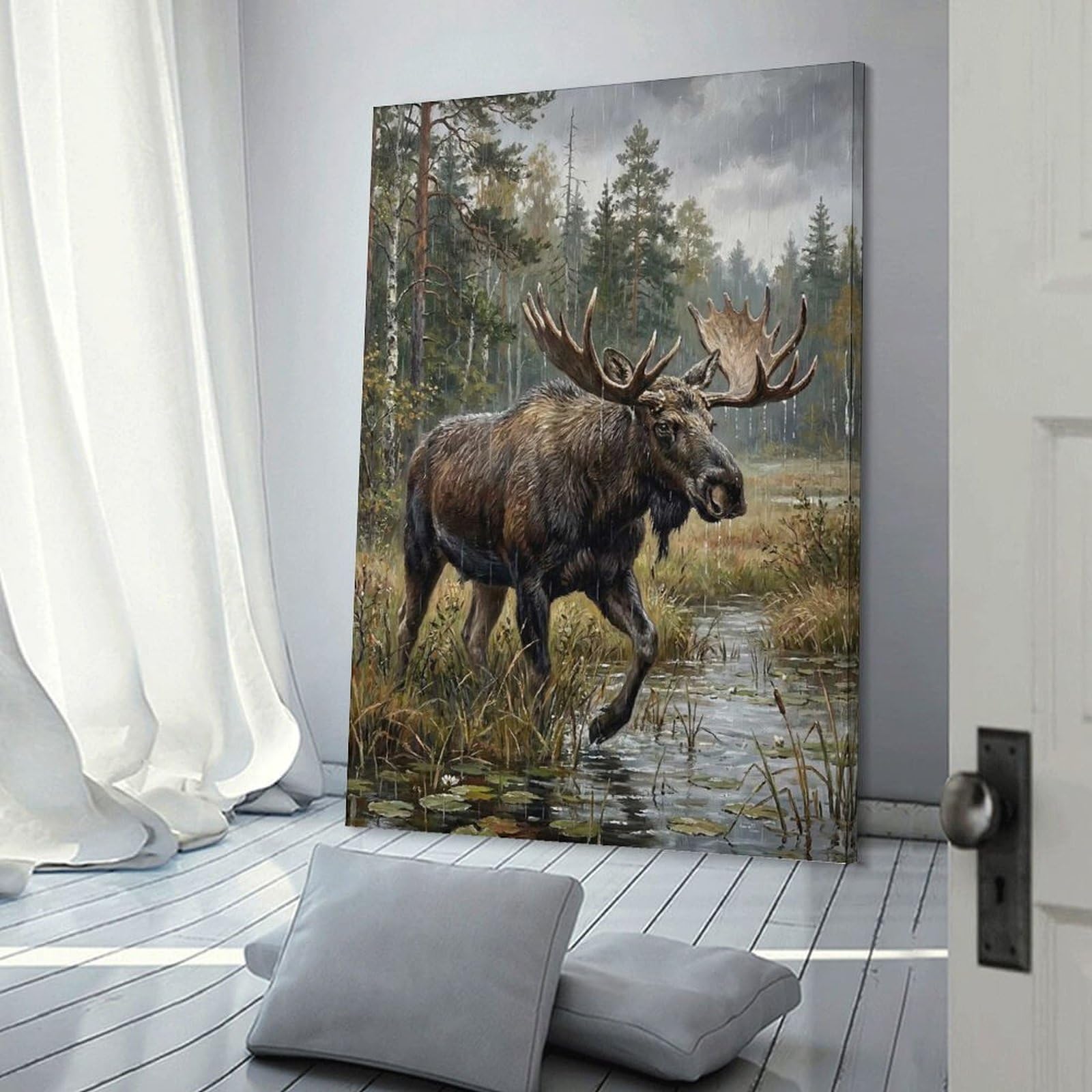 Junmoney Moose in The Rain Canvas Art Print, 24x36inch(60x90cm), for Bedroom Decor, Cosy Corners Or Studios, A Warm Accent for Relaxed Interiors