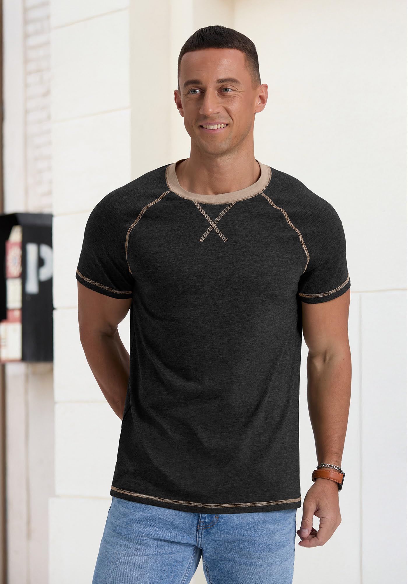 QIXING Męski T-shirt z bawełny, z krótkim rękawem, okrągły dekolt, na lato, lekki, regularny krój, oddychający, na co dzień