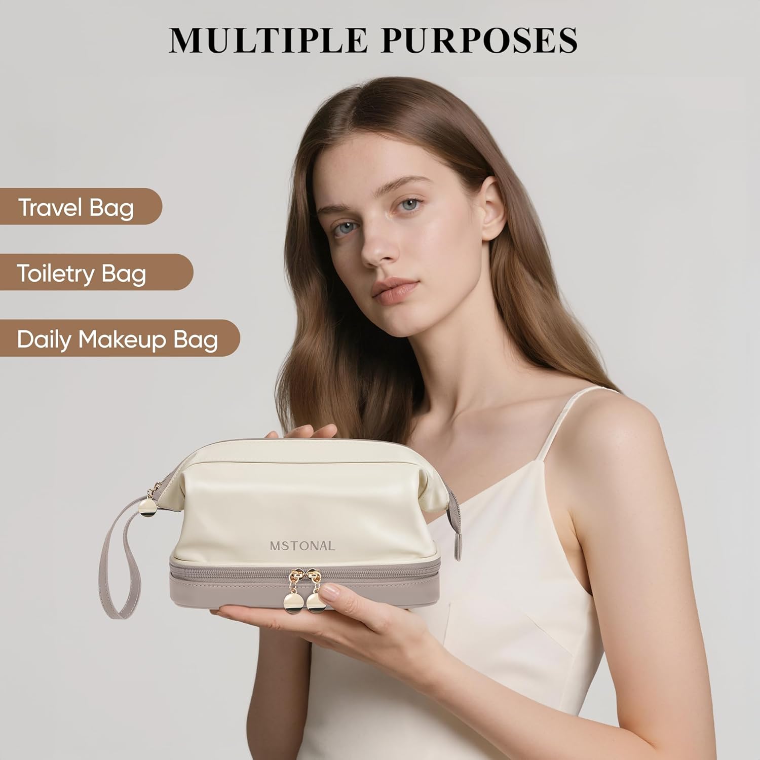 Travel Makeup Bag, Large Capacity Double Layer Cosmetic Bags for Women, Waterproof Portable Make Up Skincare Pouch with Makeup Brush Organizer, Toiletry Bag for Essentials, Beige & Sand