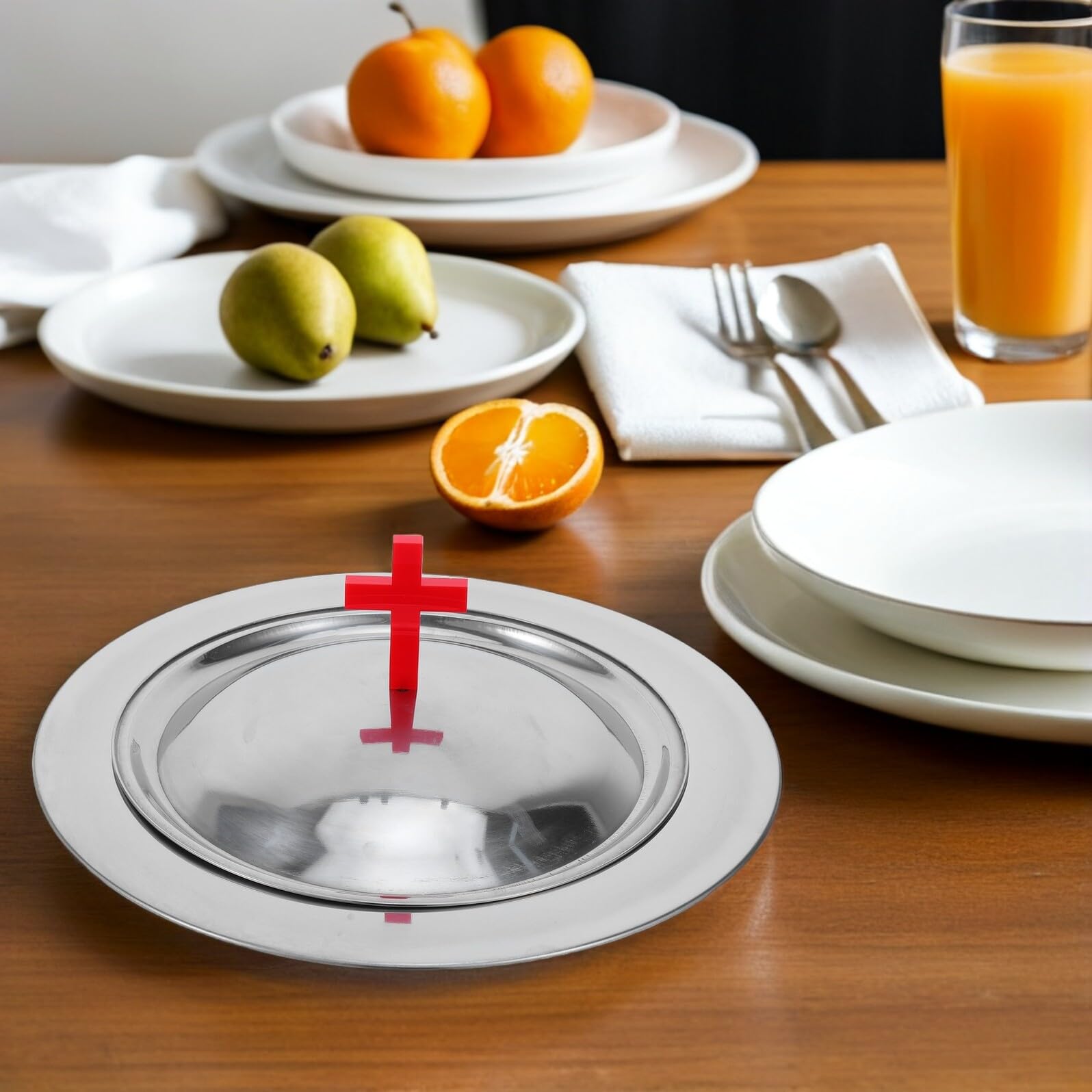 Gadpiparty Vassoio per la Comunione in Acciaio Inossidabile 30 CM con Coperchio e Copri Pane Rosso a Croce Piatto Sacro per Servizio Altare e Forniture per Cerimonie Religiose in Chiesa