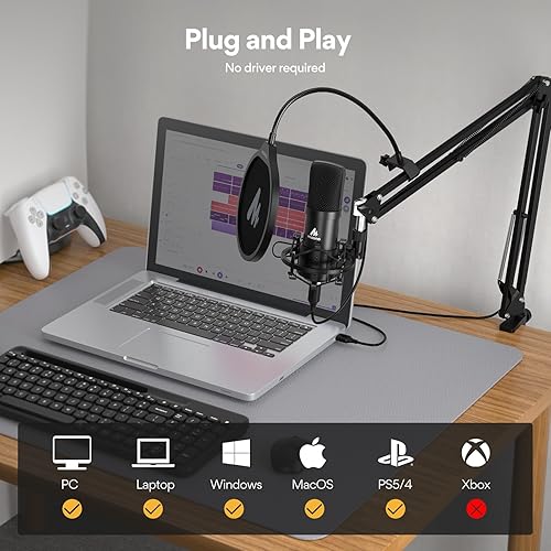 Miniatura 4 de MAONO Kit de micrófono USB 192KHZ24BIT Plug & Play PC Podcast condensador cardioide micrófono con chipset de sonido profesional para grabación,