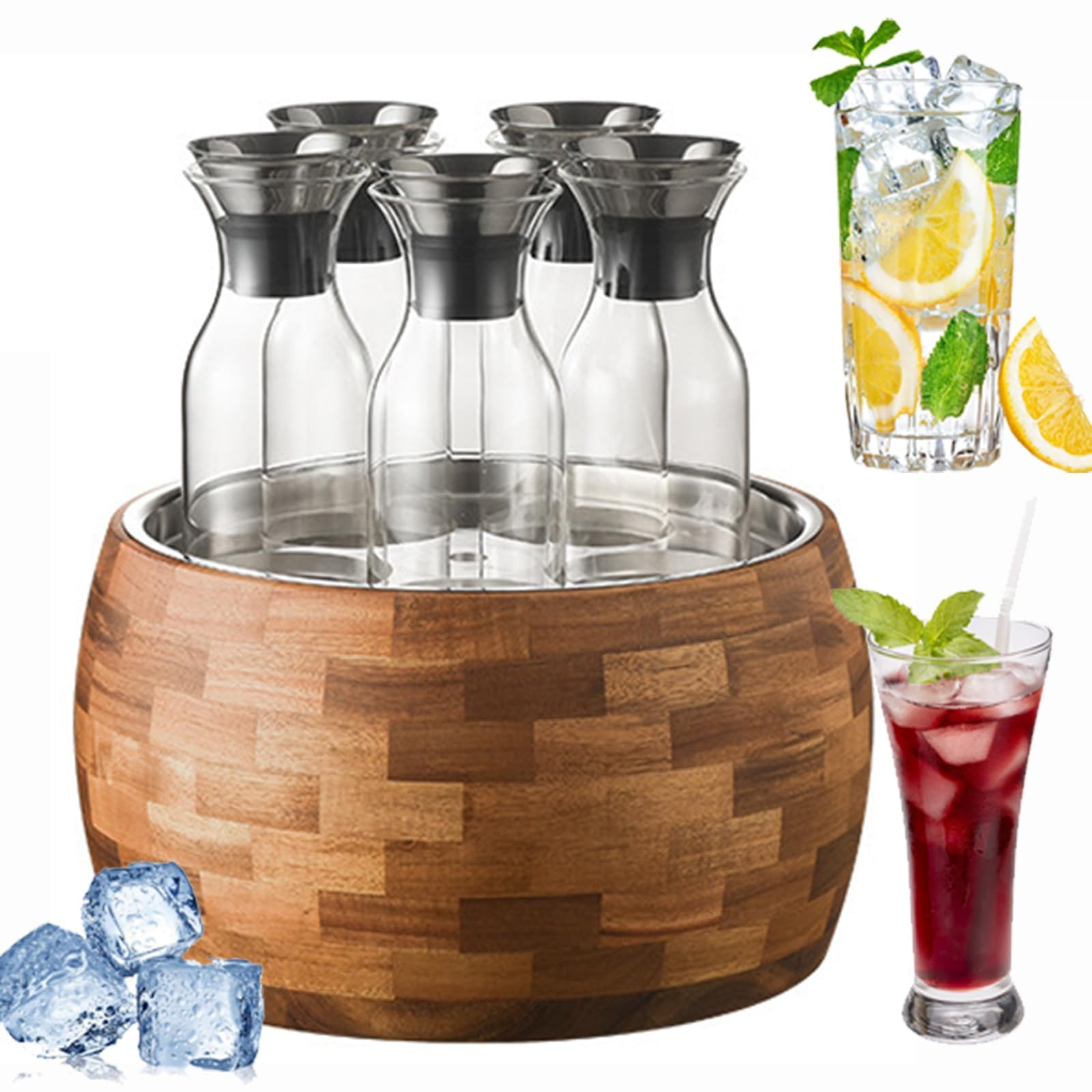 Cubo de hielo para bebidas con 5 botellas de vidrio, forro interior de acero inoxidable, base de grano de madera, capacidad de 6,5 L, boquilla de cierre automático, para bufés, bares y fiestas