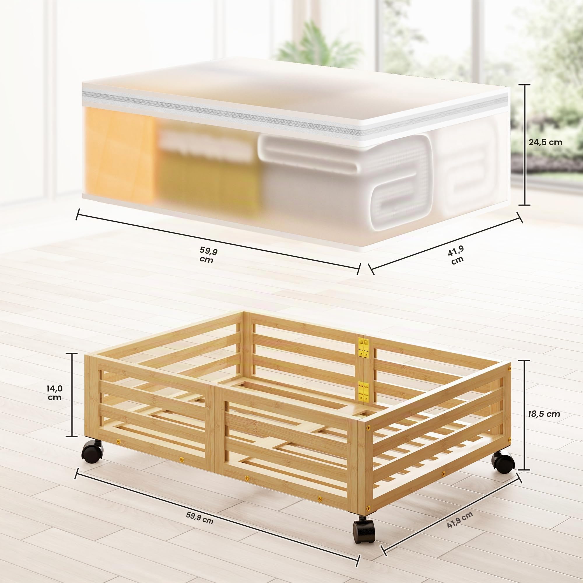 2 Packungen Nature Unterbett-Aufbewahrungsbehälter, Bambus-Unterbett-Organizer-Schubladen mit Rollen, großer Staubbeutel für Kleidung, Bücher, Bettwäsche und Spielzeug, platzsparend