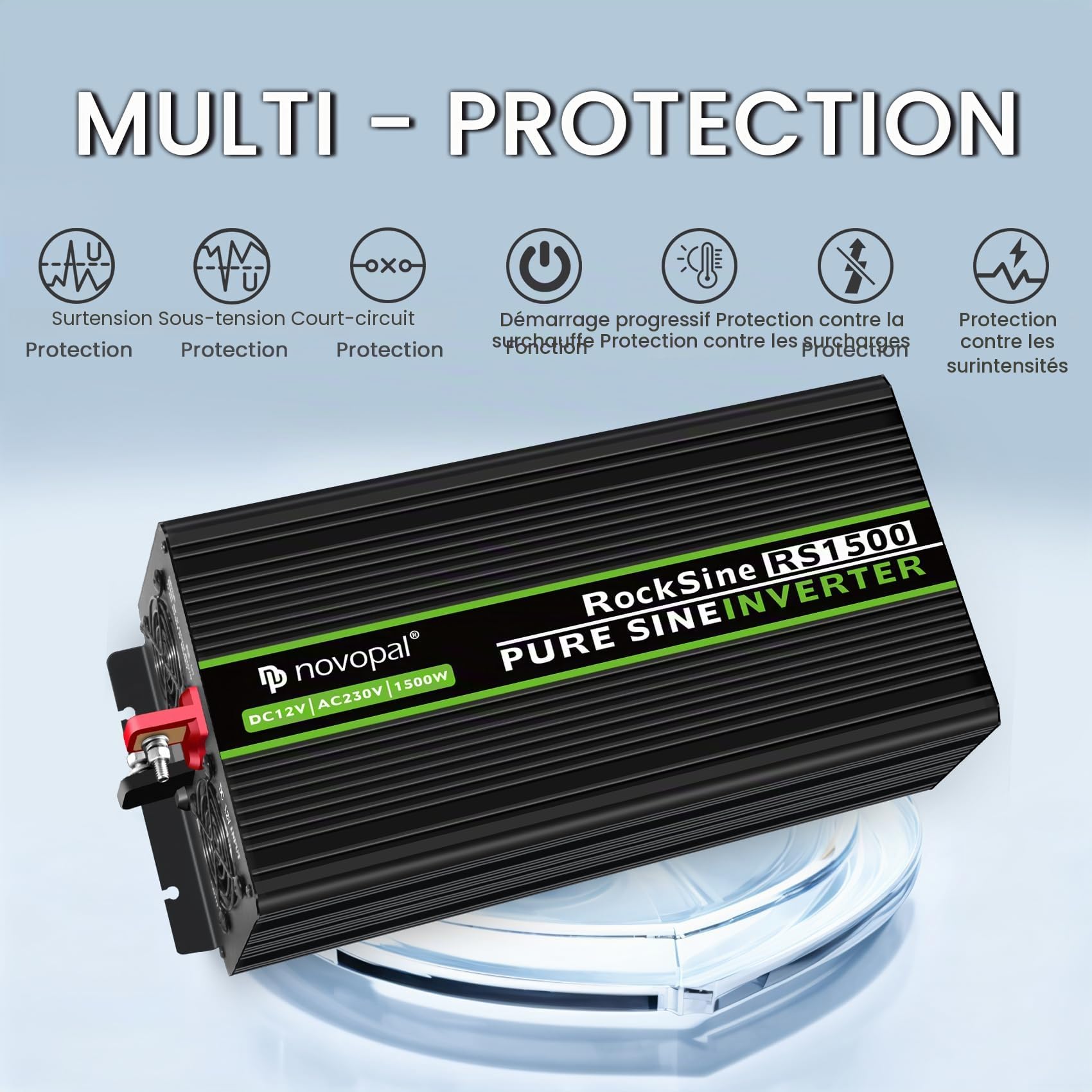 NOVOPAL Convertisseur Pur Sinus 1500W-DC 12V à AC 220V/230V Onduleur-2 Prise EU de Courant Alternatif et 1 Port USB-télécommande avec INCL. 5 mètres-Puissance de Pointe 3000W transformateur de tension