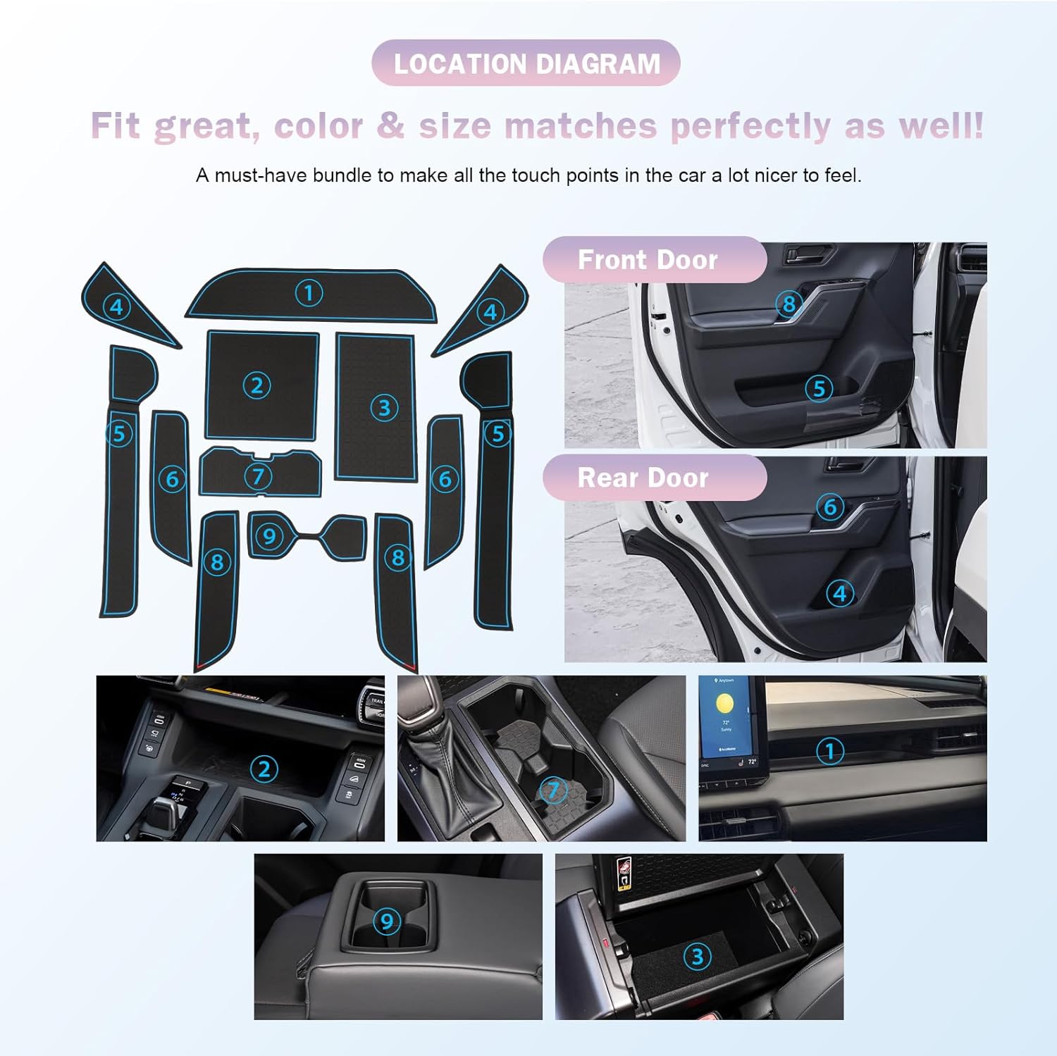 LUWU for 2026 RAV4 Accessories - for 2026 Toyota RAV4 Door Slot Mats Cup Holder Insert Coaster Center Console Liners Mats for Door Groove Gate Blue - 13 PCS/Set