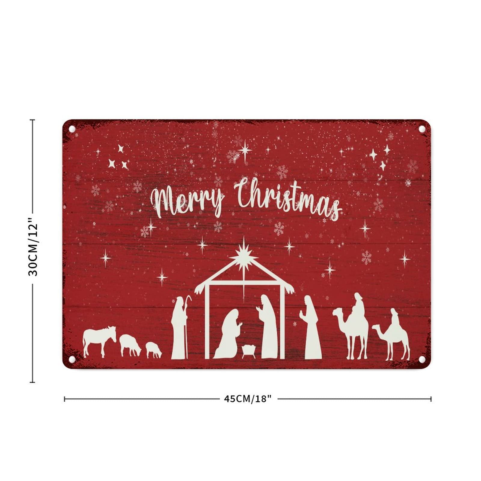 Motif crèche de Noël sur plaque métallique rouge suspendue de dimensions 30x45