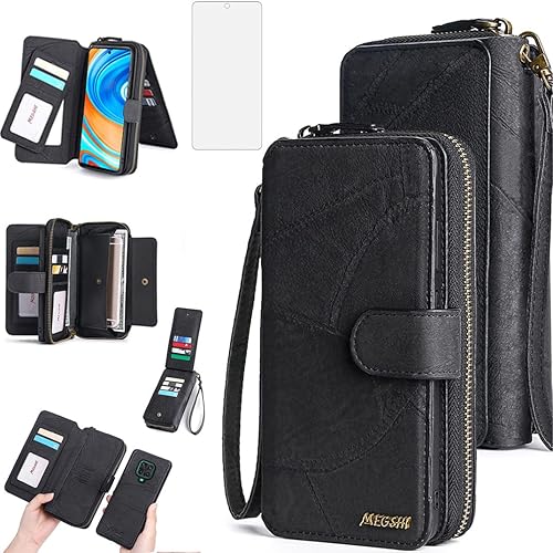 Miniatura 9 de Asuwish Funda de teléfono para Xiaomi Redmi Note 9 ProNote 9sNote9 Pro MaxPoco M2 Pro Cartera con cremallera desmontable con protector de pantalla y
