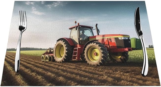 Tractor Farm Vinyl Placemats Set of 4 Pcs, 12x18 Inch Non-Slip Heat Resistant PVC Place Mats Wipeable Washable Table Mats for Kitchen Dining Table Decoration