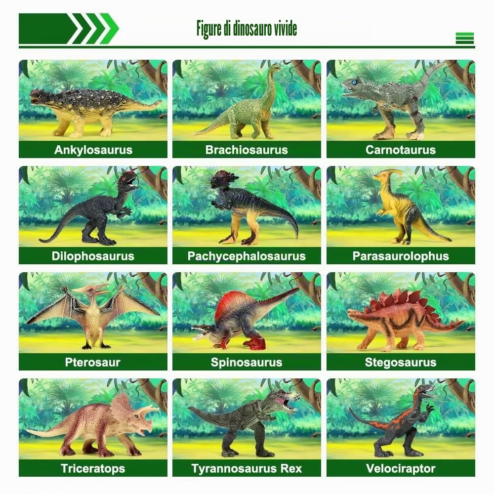 FRUSE Dinosauro Giocattolo per Bambini,12 Pezzi Educativi Realistico Figure di Dinosauri con T-Rex,Velociraptor,Libro Dinosauro,Dinosauri Giocattoli per Ragazzi Ragazze 3 4 5 6 Anni