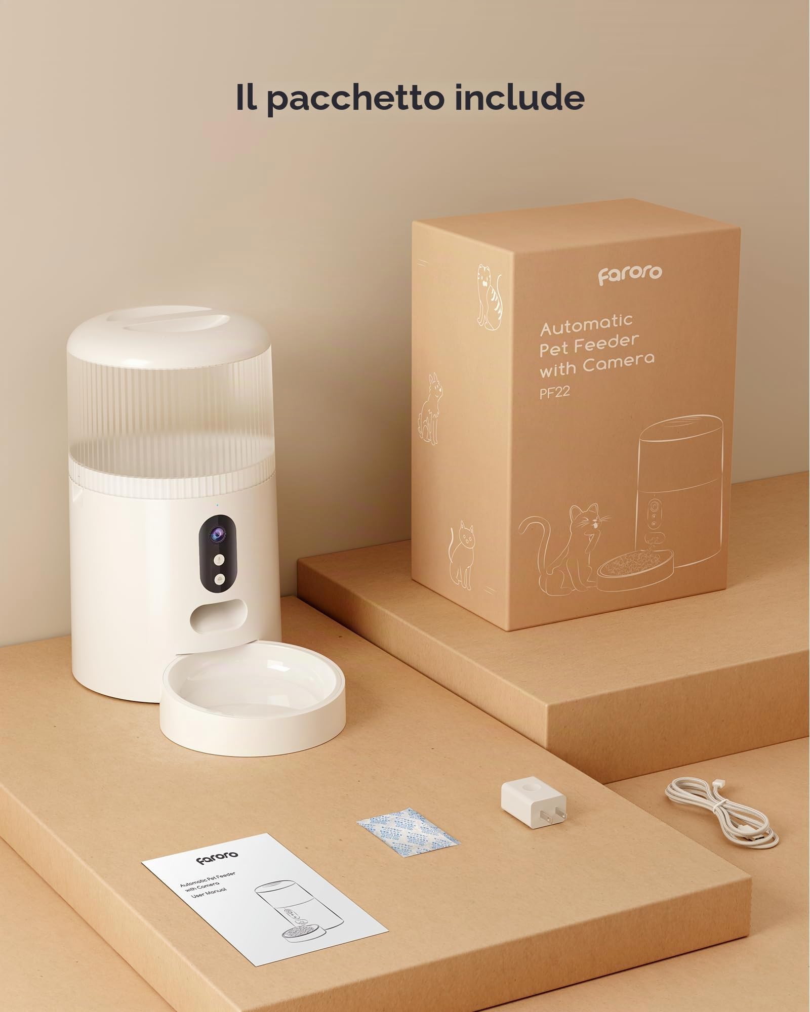 Faroro Mangiatoia Automatica per Gatti e Cani, Dosatore Cibo con Telecamera HD 3MP, Visione Notturna, WiFi 5G/2.4G, APP Controllo Remoto, Audio Bidirezionale, Timer, Sensore Cibo 4L