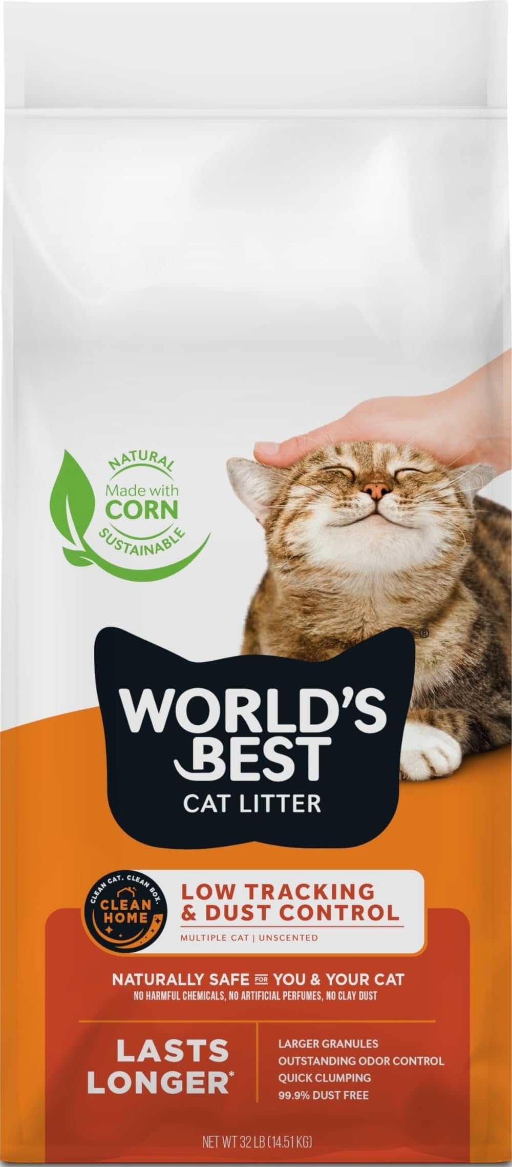 WORLD'S BEST CAT LITTER Faible Suivi et contrôle de la poussière, Plusieurs Chats Non parfumés, 14,5 kg
