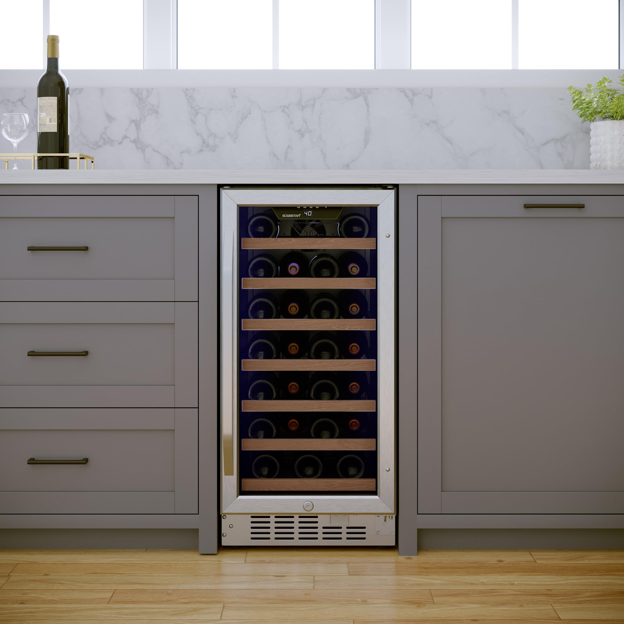 EdgeStar CWR302SZ 15 Inch Wide 25 Bottle Built-In Single Zone Wine Cooler with Reversible Lockable Door and LED Lighting - Stainless Steel on Fridge.com