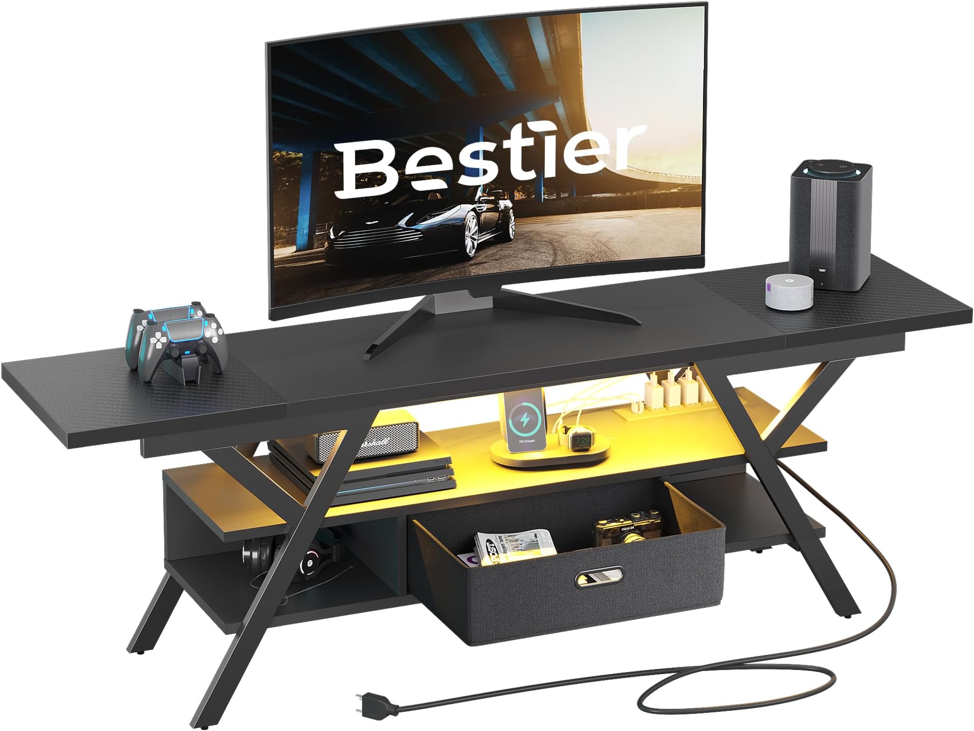 BestierTV Stand with Power Outlets for 65/75/80 inch TV, LED Gaming Entertainment Center with Storage for PS5, Modern TV Cabinet with Drawer for Living Room Bedroom, Carbon Fiber Black