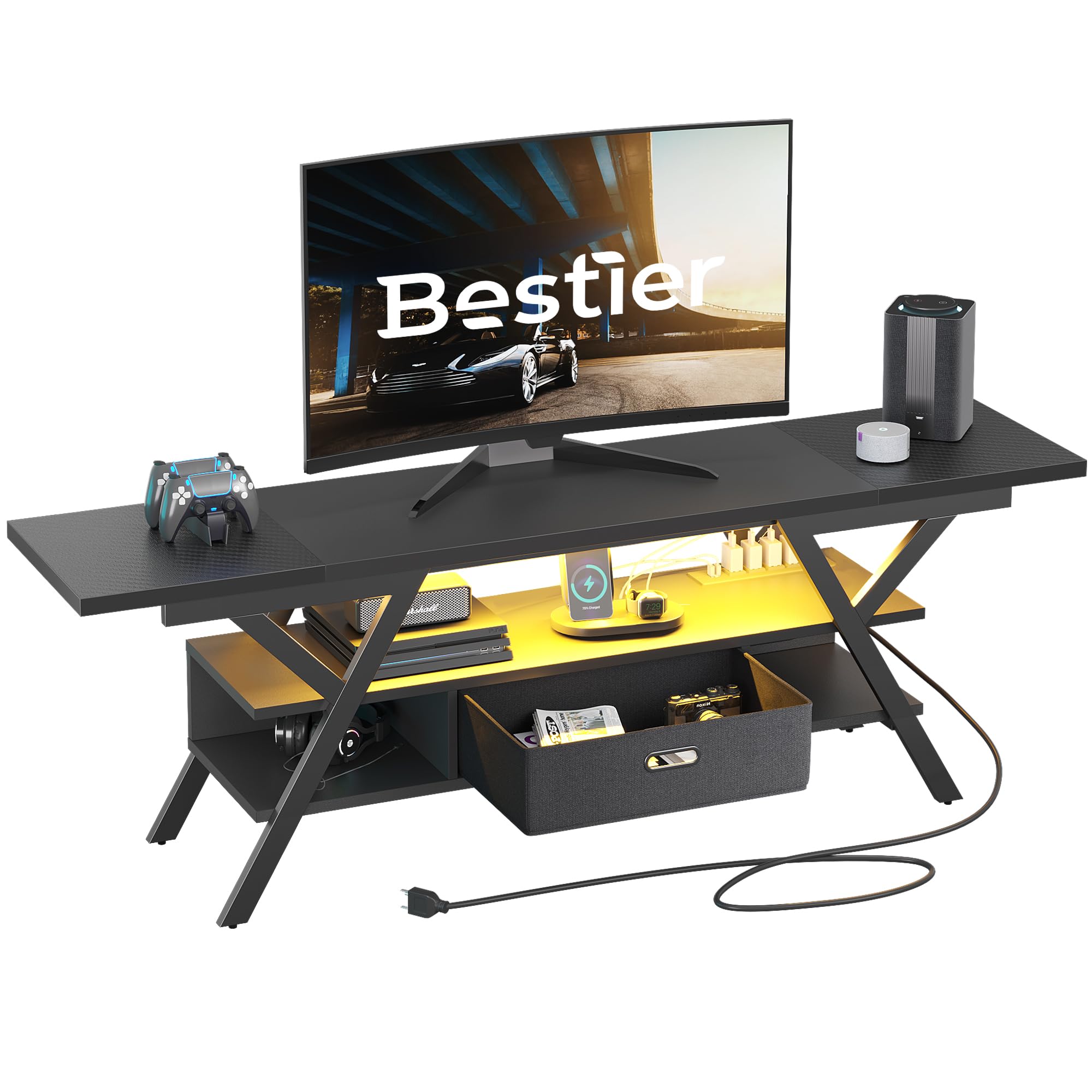 BestierTV Stand with Power Outlets for 65/75/80 inch TV, LED Gaming Entertainment Center with Storage for PS5, Modern TV Cabinet with Drawer for Living Room Bedroom, Carbon Fiber Black