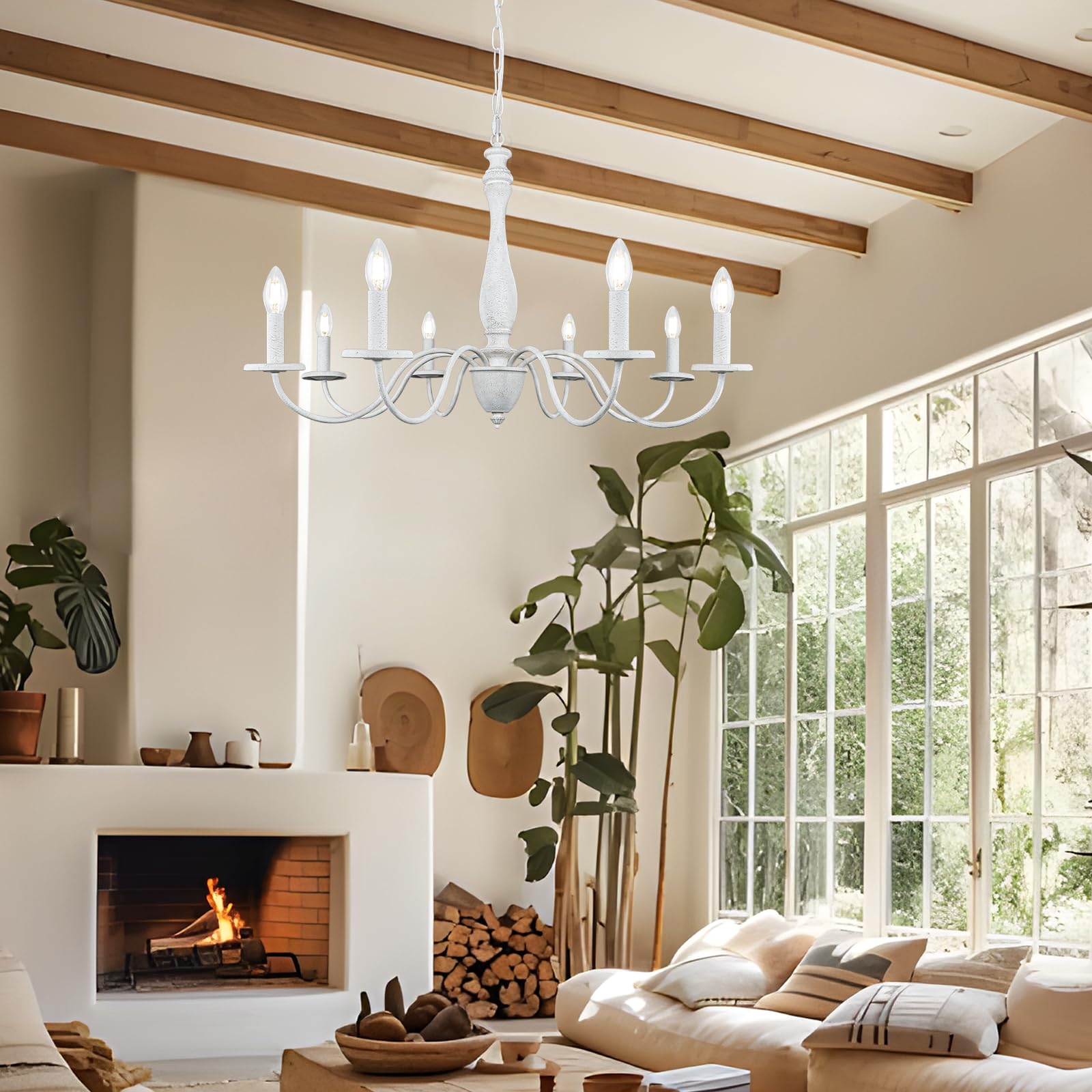 Bianco Lampadario Camera da Letto Classico, 8 Luci Vintage Shabby Chic Lampadario a Sospensione Legno e Ferro, Altezza Regolabile Francese Country Rustico Lampadari Moderni Soggiorno Cucina