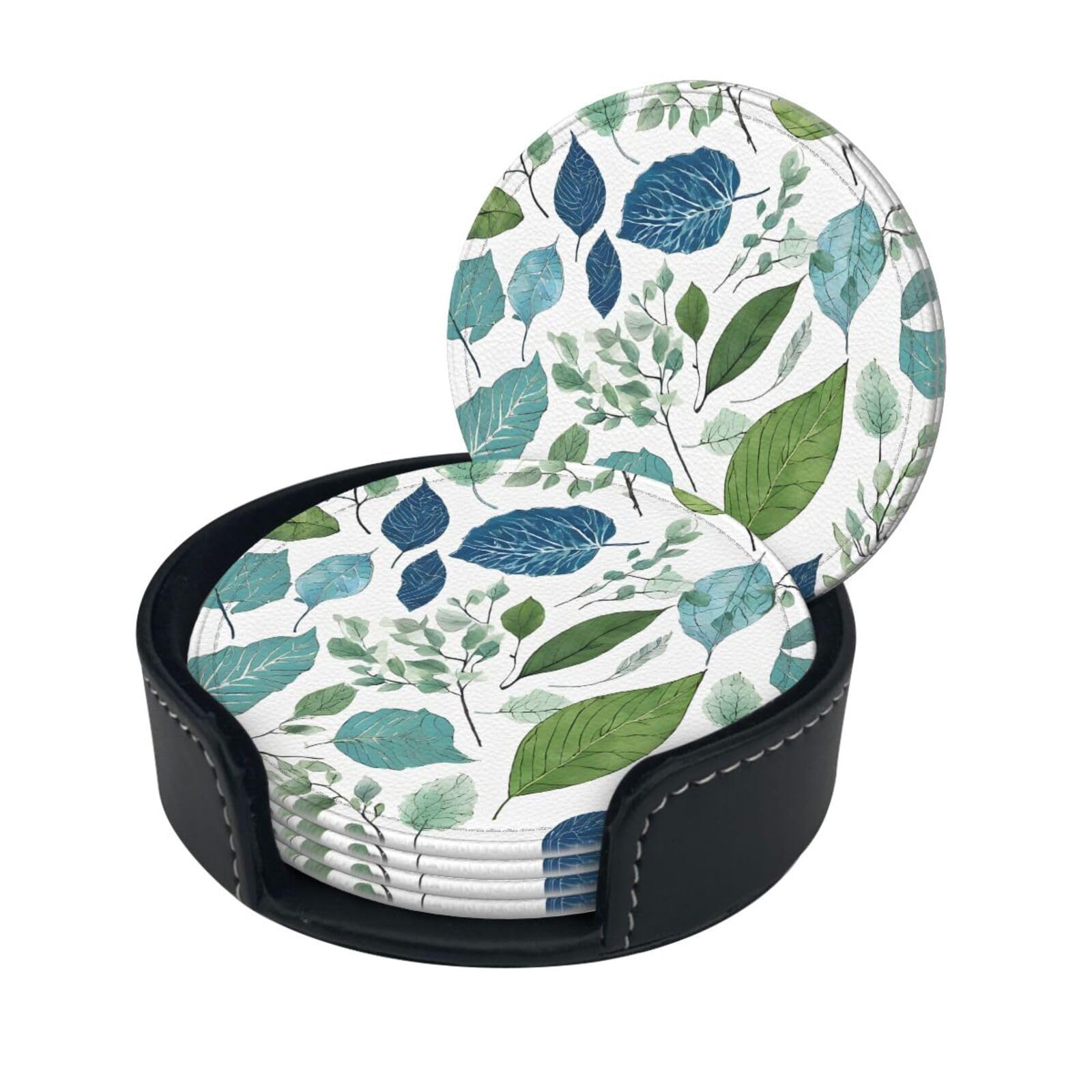 Green Eucalyptus Leaves Print Premium Pu Leather Coasters Stylish And Durable Drink Coasters For Home, Office, And Kitchen Set Of 6 With Elegant Storage Box