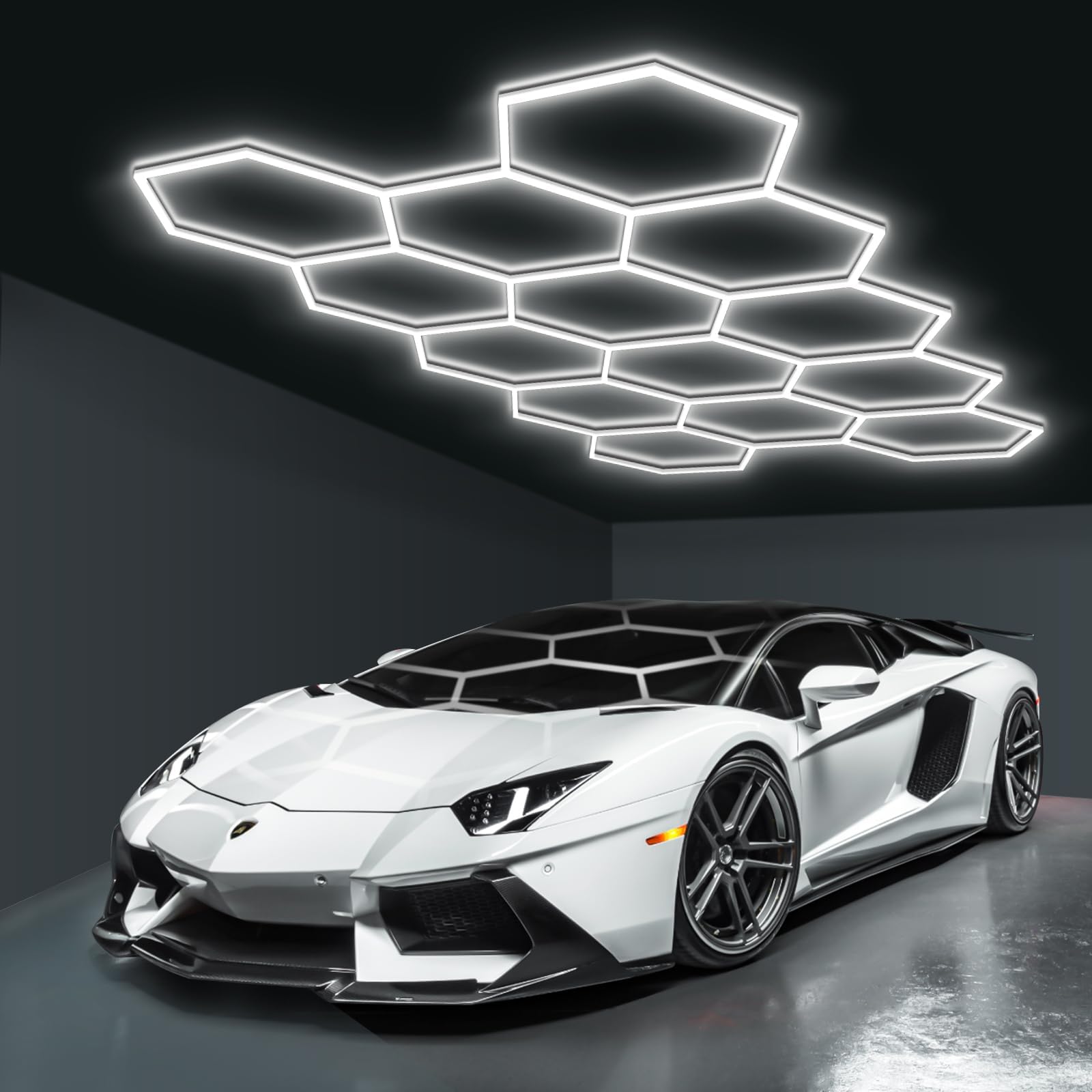 LED Hexagon Beleuchtung-57pcs Röhrenleuchten, 456W 4.1m x2.4m,Superhell verknüpfbare LED-Deckenleuchten für Garage, Werkstatt, Fitnessstudio, Keller, Auto-Schönheitssalon, Autopflegegeschäft”(14-HEX)