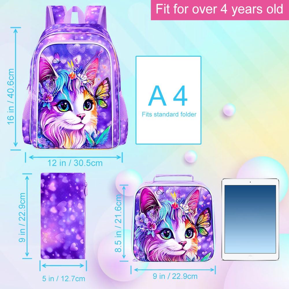 3Pcs Cat Backpack for Girls, 16" School Bookbag Set with Lunch Box，Kids Backpacks for Elementary Preschool Kindergarten (Purple)