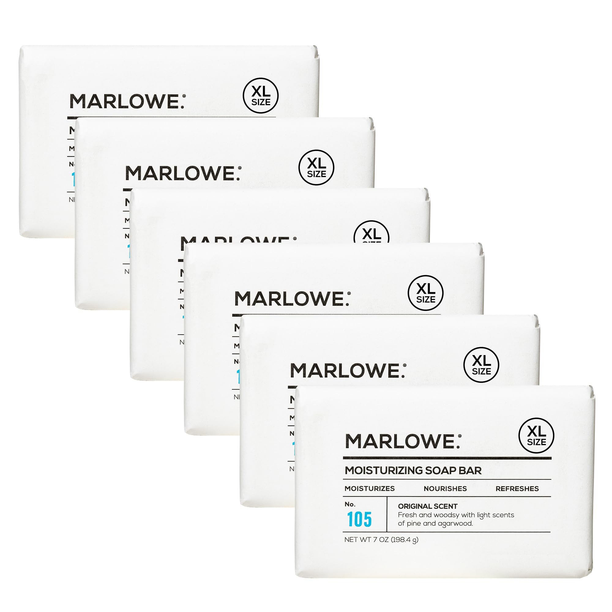 MARLOWE. No. 105 Bar Soap for Men 7 oz (6 Bars) Moisturizing Body Soap, Nourishing & Refreshing with Natural Extracts, Shea Butter, Olive Oil & Green