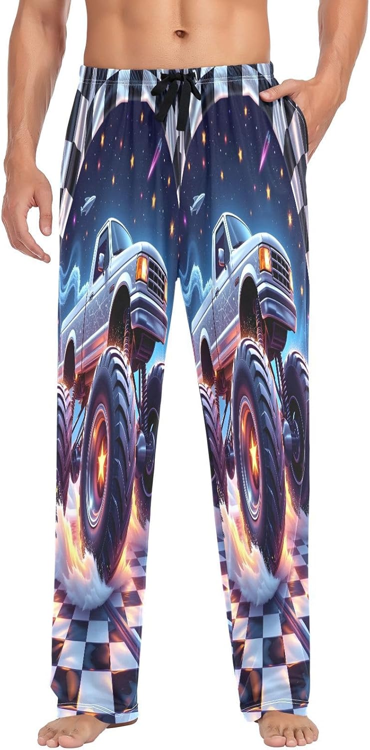 ALAZA Monster Truck Checkered Men's Pajama Pants Men Cotton Pajama Bottoms with Pockets, S
