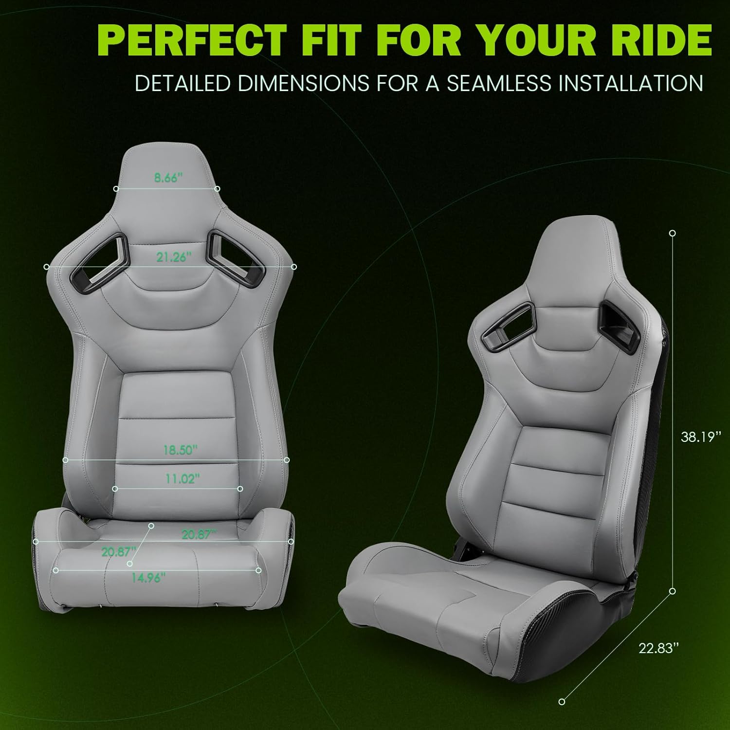 Universal Pairs of Racing Seat with Dual Sliders, PU Leather Front+Carbon Leather Back Reclinable Bucket Seat, Gray