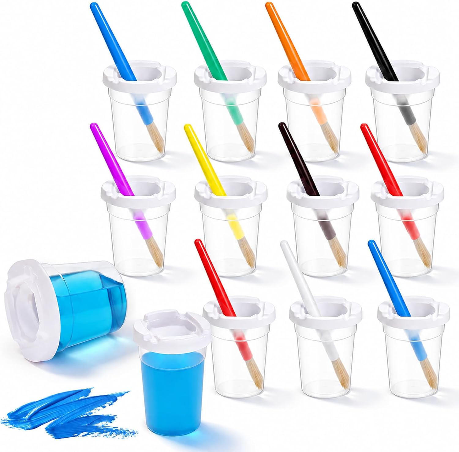 12 Pcs No Spill Paint Cups with Lids, Reusable Spill Proof Paint Water Cup Plastic Paint Containers with 12 Paints Brushes for Painting School Classrooms Arts Crafts Supplies