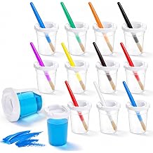 12 Pcs No Spill Paint Cups with Lids, Reusable Spill Proof Paint Water Cup Plastic Paint Containers with 12 Paints Brushes for Painting School Classrooms Arts Crafts Supplies