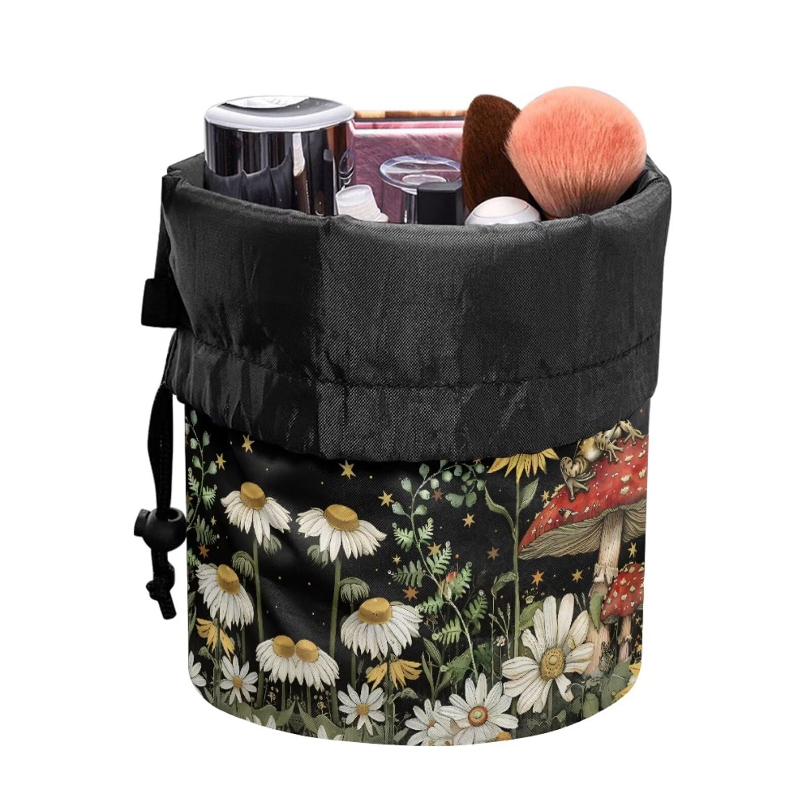 chaqlin Mushroom Sunflower Travel Cosmetic Bags Barrel Makeup Bag,Women Girls Portable Foldable Cases Multifunctional Toiletry Bucket Bags Round Organizer Storage Pocket - Image 4