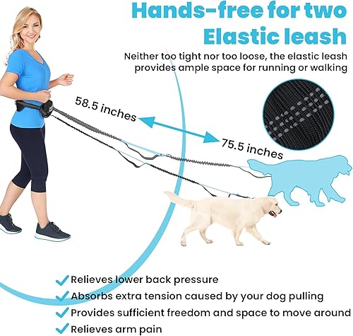 Miniatura 2 de Correa de perro manos libres con bolsa, correa para perro para 2 perros con doble asa, cinturón retráctil para perros para caminar, correr, trotar,