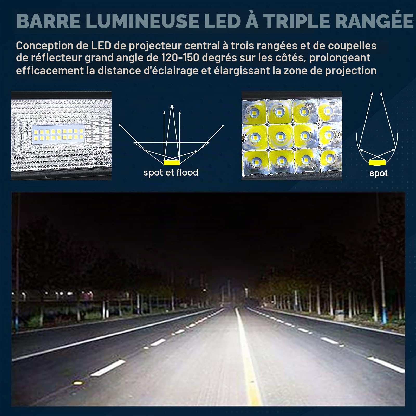 PICAA Led Barre Lumineuse, 7D Triple Rangée Incurvé 50pouces 125cm 648W Rampe a led barre de led avec 12V stroboscopique faisceau de câblage kit, hors route Voiture Véhicules 4x4 SUV ATV Camion