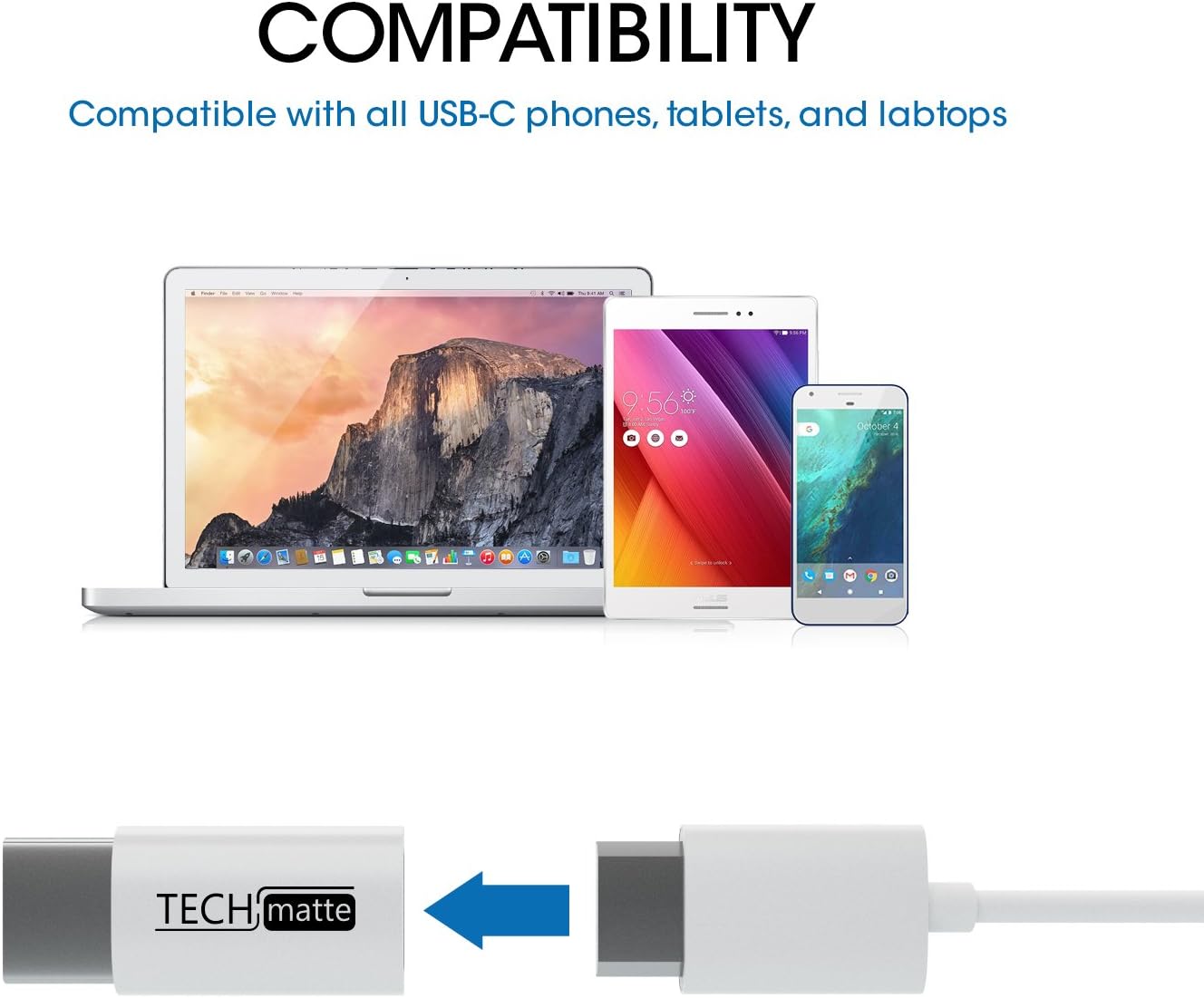 TechMatte Micro USB to USB Type C Adapter Connector for Galaxy Note 8, S9, S9 Plus, S8, S8 Plus +, Google Pixel, Pixel 2 with 56k Resistor; Approved to Meet USB Type-C Standard (2-Pack, White)