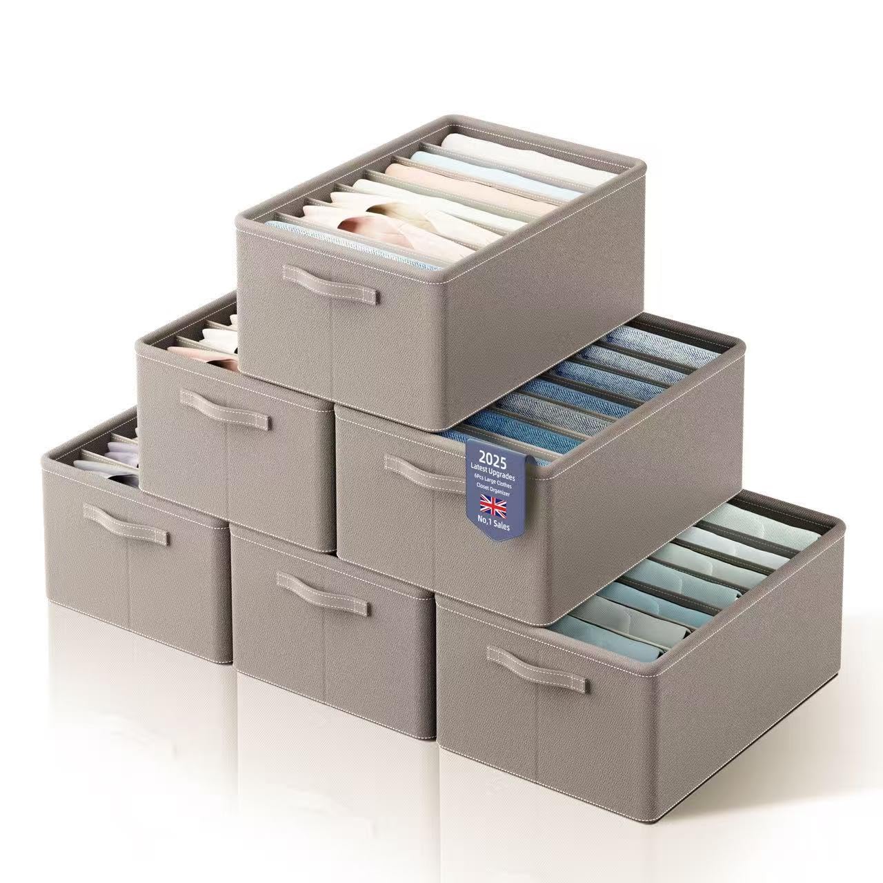 YOYIKKO 6Pcs Large Clothes Closet Organizer 7 Compartments, Stackable Shelf Storage Baskets, Wardrobe Clothes Storage Bins for Sweater, T-Shirt, Hoodie, Dress (Grey-118)