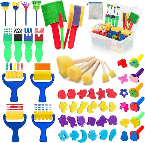 Paquete de 53 pinceles de esponja para niños, pinceles de pintura lavables para niños pequeños, juego de pintura para niños pequeños, rodillo de