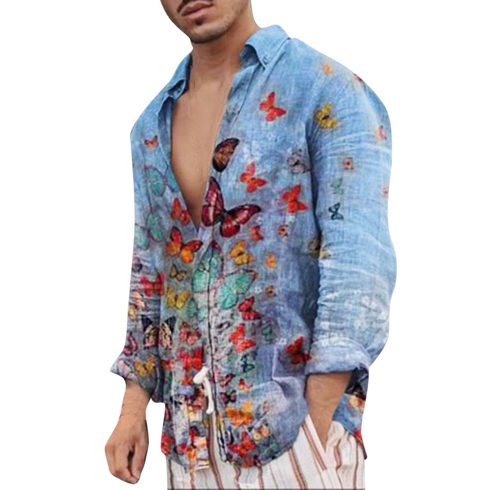 Cenlang Camisas de algodón y lino de manga larga para hombre, estilo informal, con estampado gráfico hawaiano, cuello en V, botones, para playa, yoga