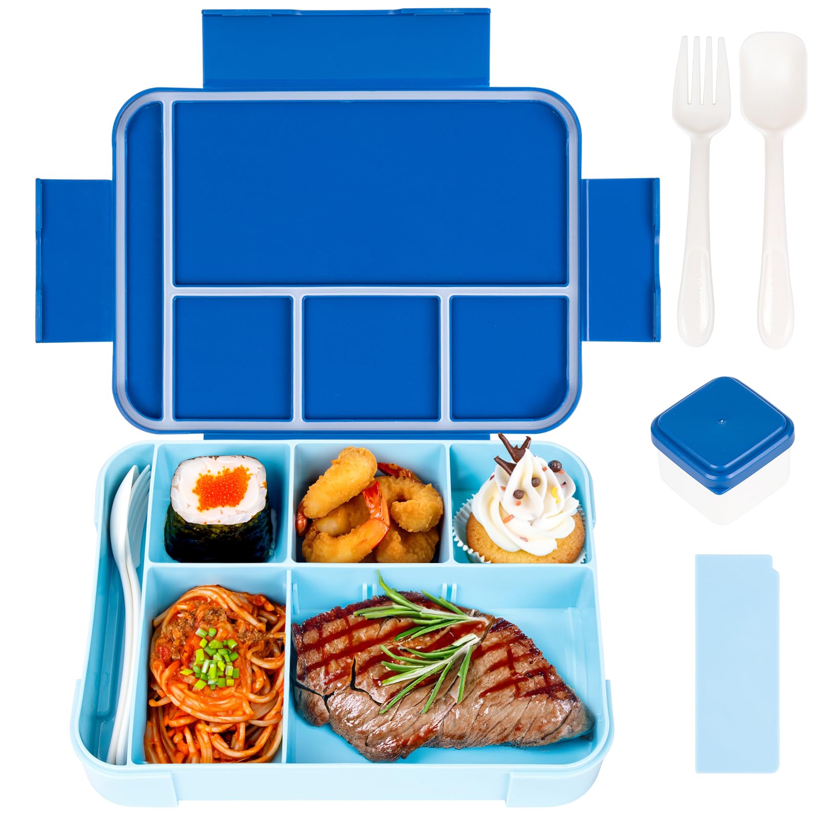 QCQHDU Bento Lunch Box for Kids, 1330ML Bento Box Adult Lunch Box with 6 Compartment, Leakproof Snack Boxes with Utensil Sauce Dressing Containers, Reusable On-the-Go Meal and Snack Packing(Blue)