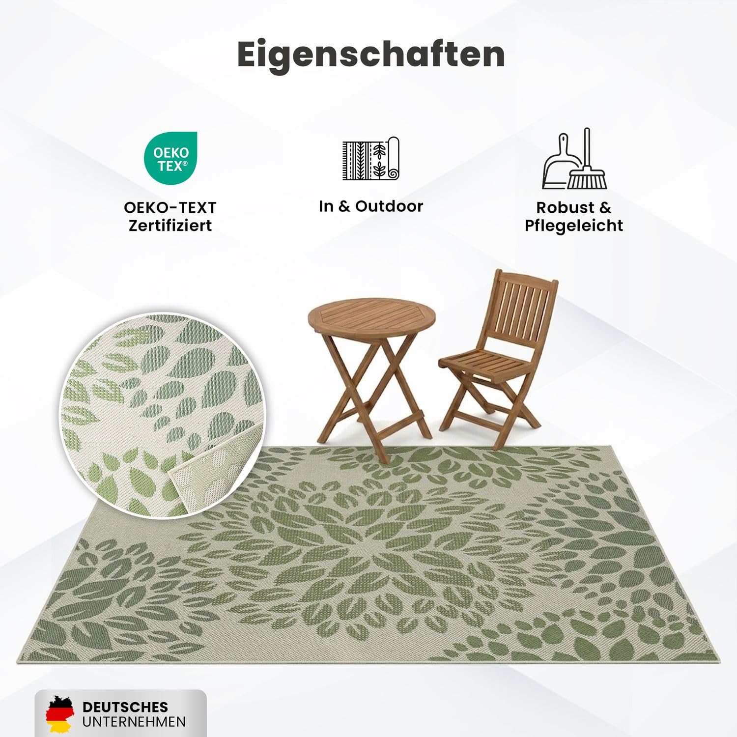 VIMODA In- und Outdoor Flachgewebe Terrassen & Balkon Garten Küche, Teppich Blumen Design Grün Waschbar,Maße:80x150 cm