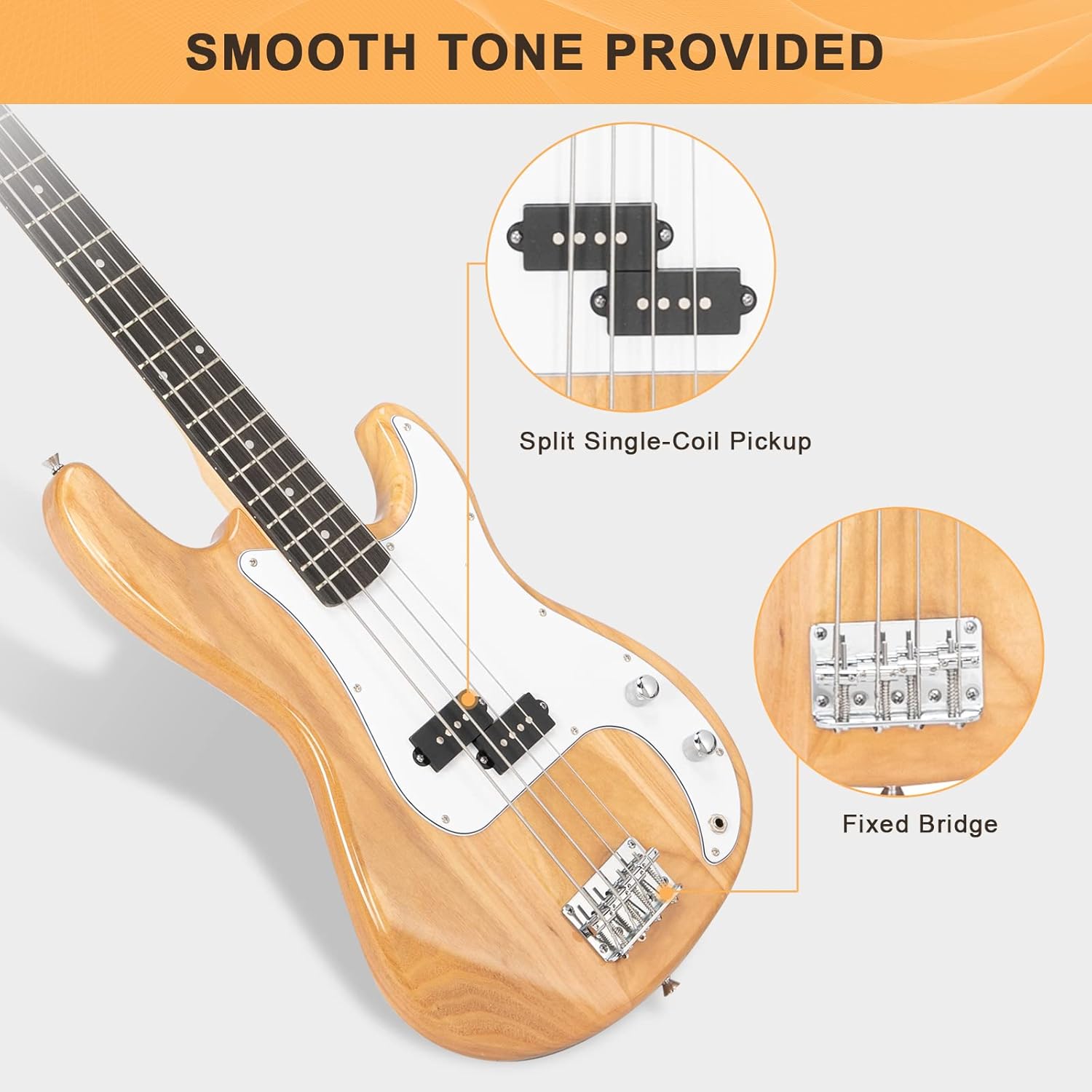 GLARRY Full Size Electric Bass Guitar Beginner Kit 4 String Exquisite Basswood Bass with 20W AMP, Cable, Strap, Bag and Accessories (Natural Wood, 39"Right Handed)