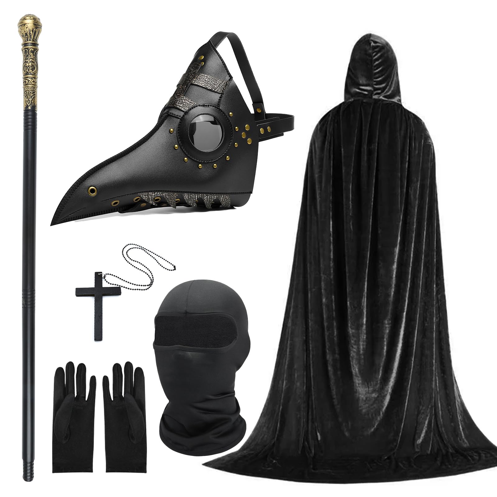 6PCS Plague Doctor Costume Set, Plague Bird Doctor Mask PU Leather Long Nose Bird Beak Steampunk Mask with Black Gloves Hooded Cloak Full Face Covering Cane Necklace for Halloween Costume Cosplay