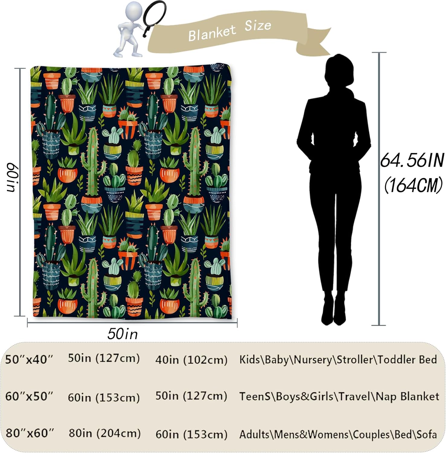 Funny Cactus Blanket, Soft Flannel Throw Blanket for Couch, Bed, Travel, Living Room & Home Decor, Cozy Lightweight Warm Fluffy Fuzzy Blankets for Adults Kids Women 60×50 in - Image 3