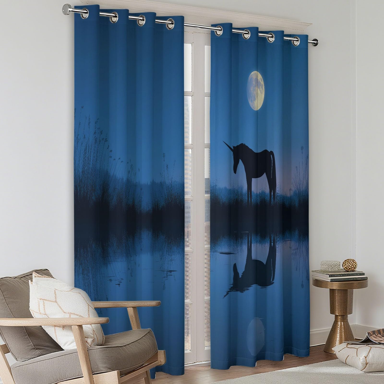 Lac Fantastique Licorne Noire Rideau Occultant - Rideaux Thermique Isolant Anti Froid Anti UV 2 Pièces 91.5 X 214 cm (LxH) Bleu Tenture Opaque à Oeillets pour Chambre Salon Cuisine Decoration